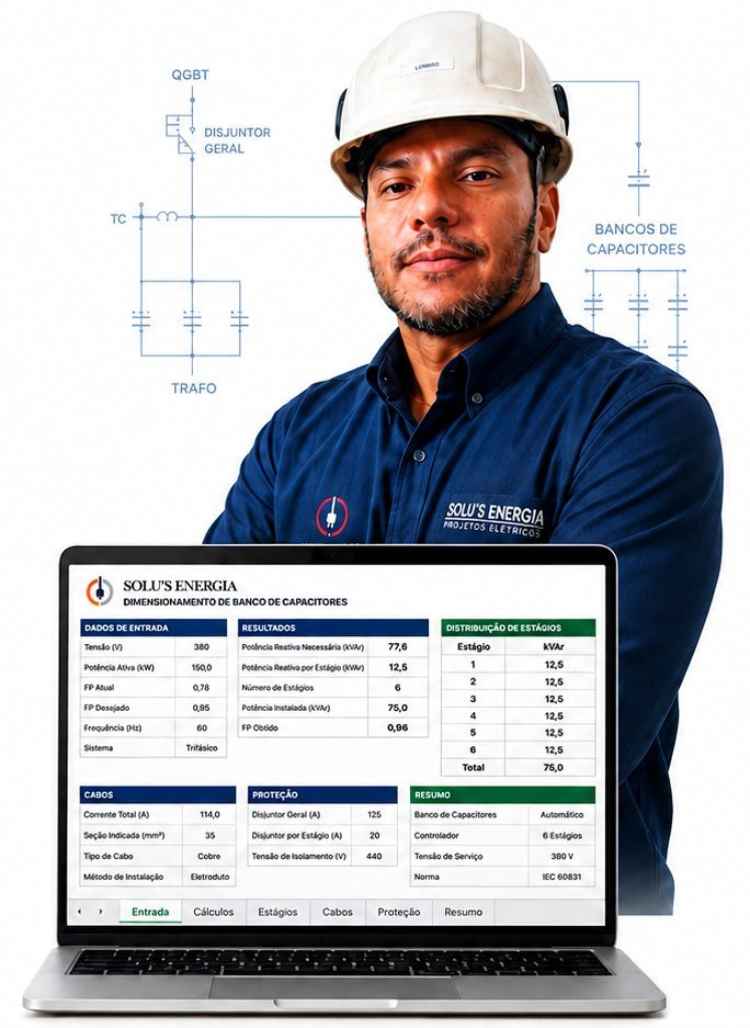 Especialista da Solu's Energia com notebook mostrando a planilha de dimensionamento de banco de capacitores, com diagrama unifilar ilustrativo ao fundo